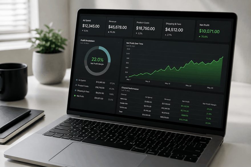 Net profit dashboard: ad spend, cost of goods, shipping and taxes, with net profit and margin for each channel.