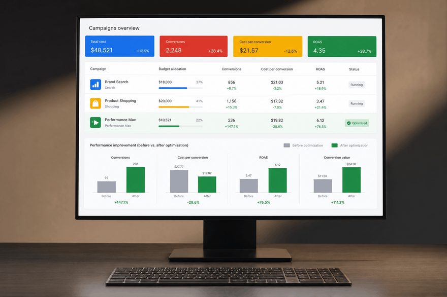 Google Ads screen with the campaign overview: cost, conversions, cost per conversion and ROAS.