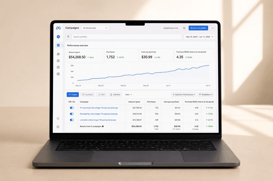 Meta Ads Manager screen with the campaign overview: amount spent, purchases, cost per purchase and ROAS.