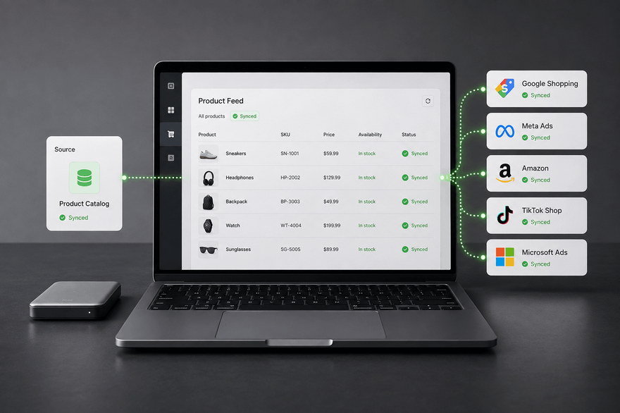 Product feed synced from a central catalog to Google Shopping, Meta Ads, Amazon, TikTok Shop and Microsoft Ads.