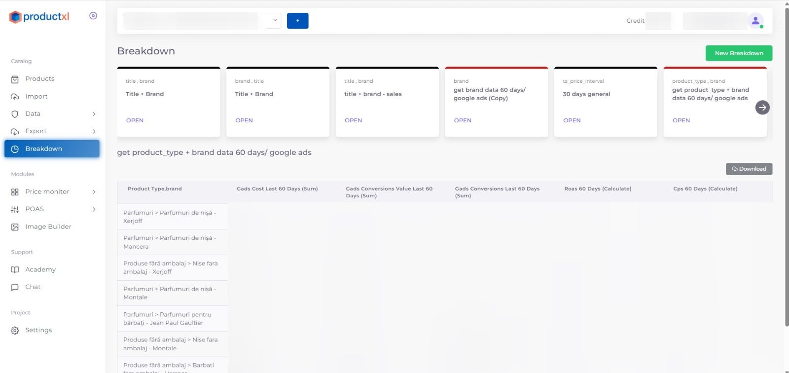 The Breakdown view in ProductXL: saved reports at the top and a table grouping products by type and brand, with columns for 60-day Google Ads cost, conversion value, conversions, ROAS and cost per sale. The figures are blurred.