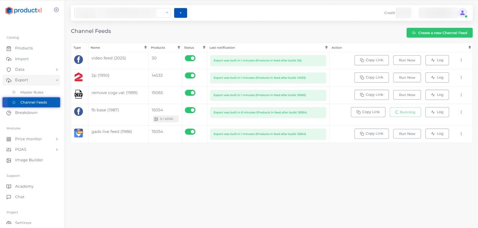 The Channel feeds view in ProductXL: separate Meta, Google, CSV and video feeds running in parallel, each with its product count, an on/off status toggle, the latest build notification and the Copy Link, Run Now and Log actions. Client and account details are blurred.