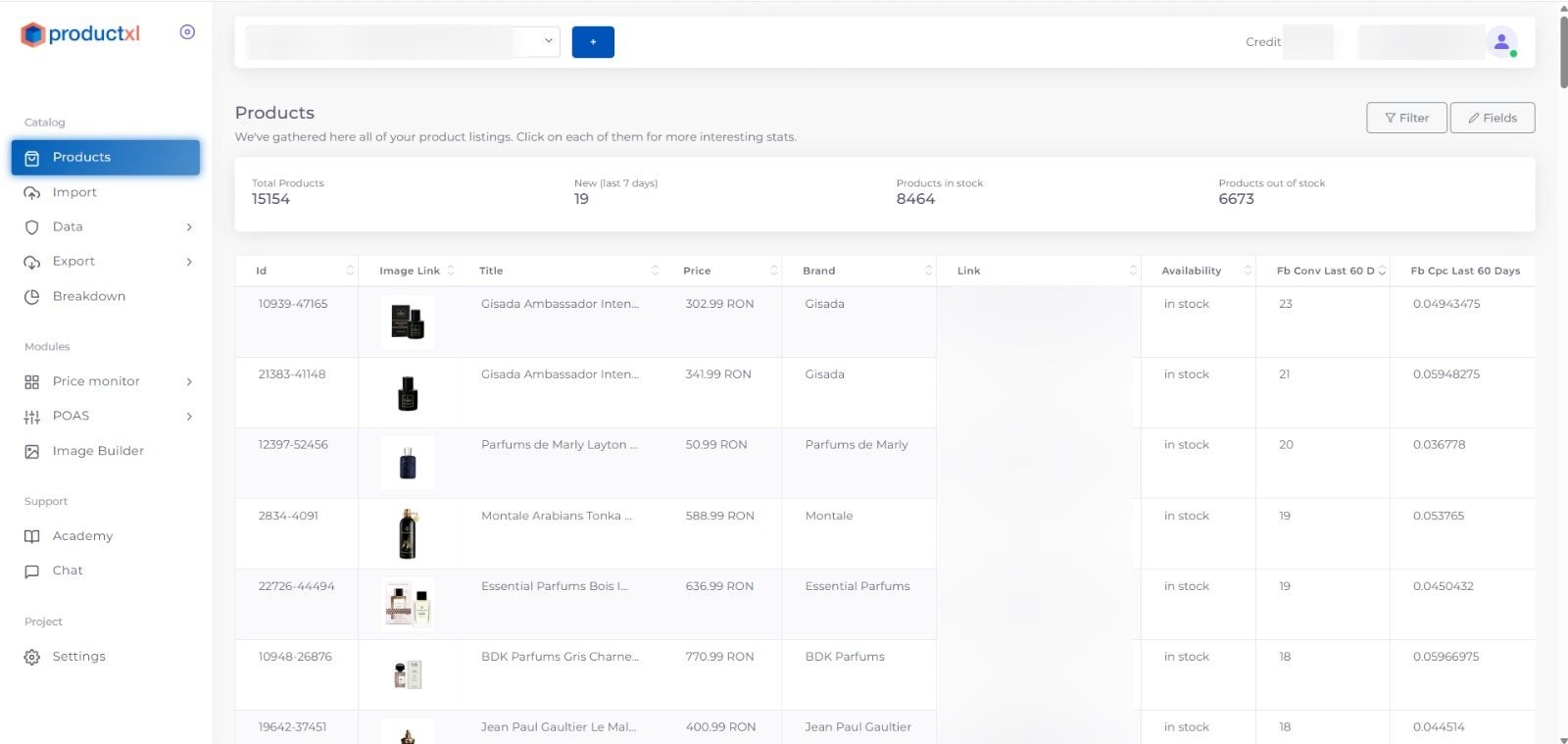 The Products view in ProductXL: the full catalog with total, new, in-stock and out-of-stock product counts, plus a table listing each product's ID, image, title, price, brand, availability and 60-day conversion and CPC data. Client and account details are blurred.