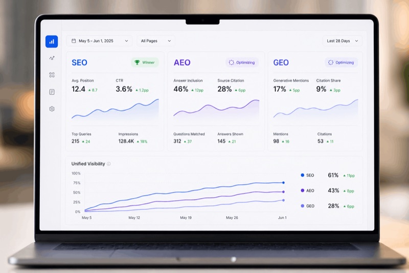Three-layer organic visibility dashboard - average SEO position, AEO citations and GEO generative mentions