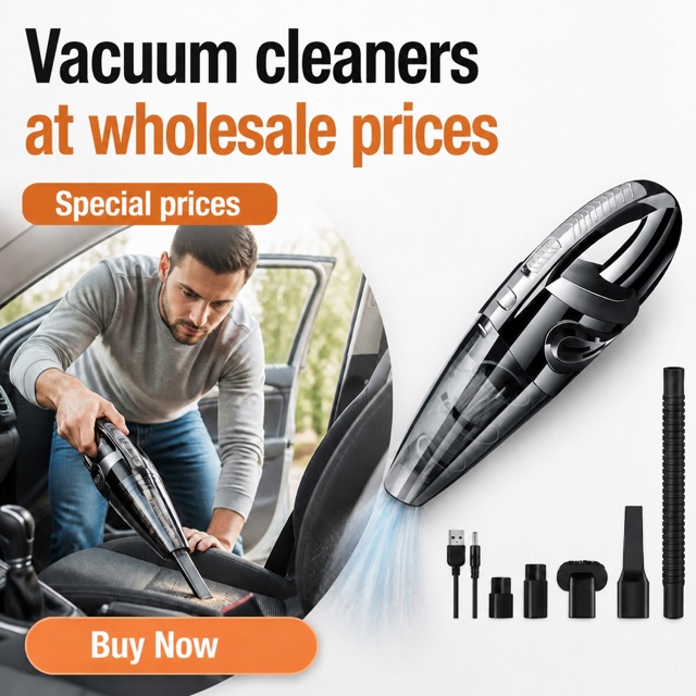 Angro ad for a handheld car vacuum cleaner: "Vacuum cleaners at wholesale prices" with a Buy Now button