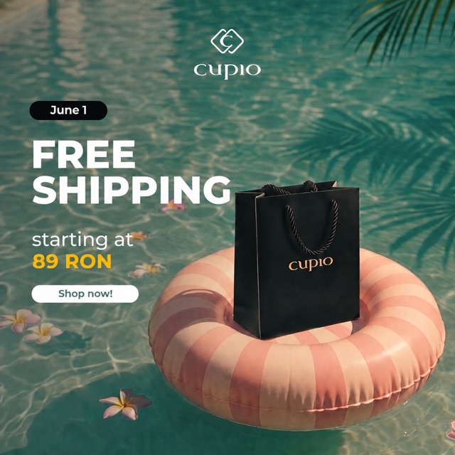 Cupio ad: shopping bag on a pool float, "Free shipping starting at 89 RON" with a Shop now button