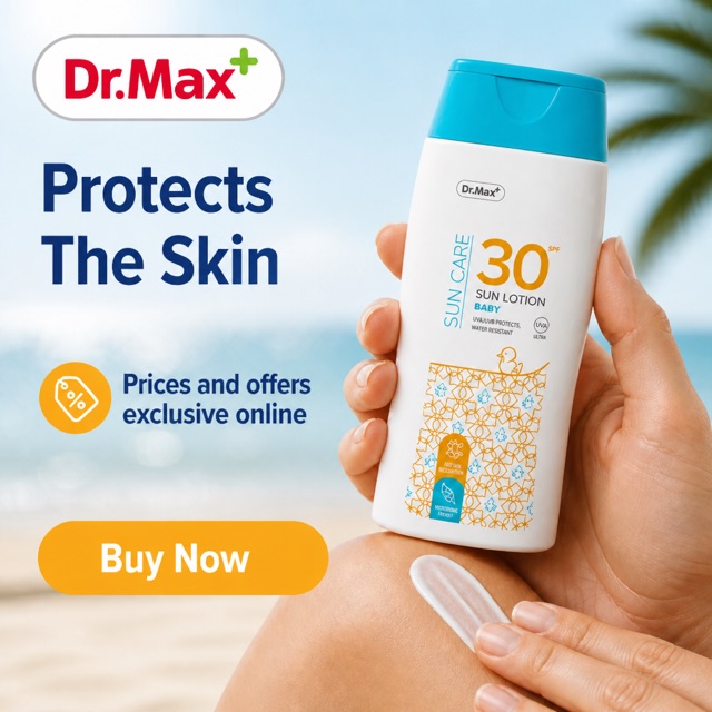 Dr. Max ad for SPF 30 baby sun lotion: "Protects the skin", exclusive online prices and a Buy Now button