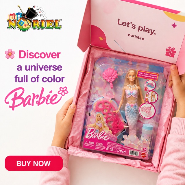 Noriel ad for a Barbie mermaid doll in a gift box: "Discover a universe full of color" with a Buy Now button