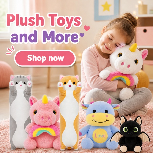 Instagram ad for plush toys: a girl hugging a unicorn plush, headline "Plush Toys and More" and a Shop now button