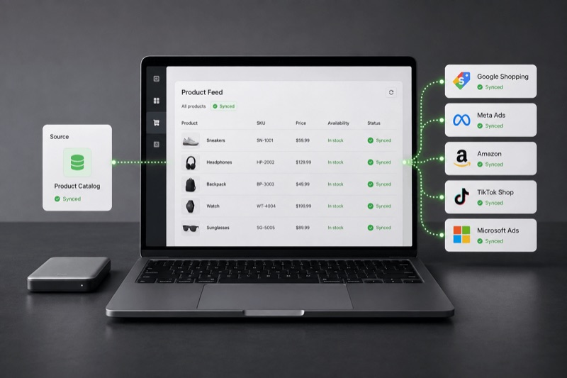 Product feed synced to Google Shopping, Meta, Amazon and TikTok