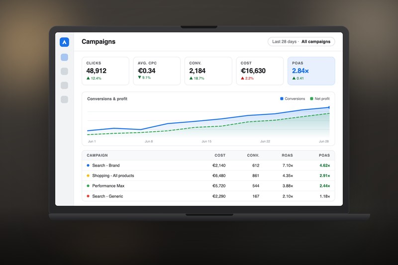 Google Ads campaign dashboard - cost, conversions, ROAS and POAS per campaign