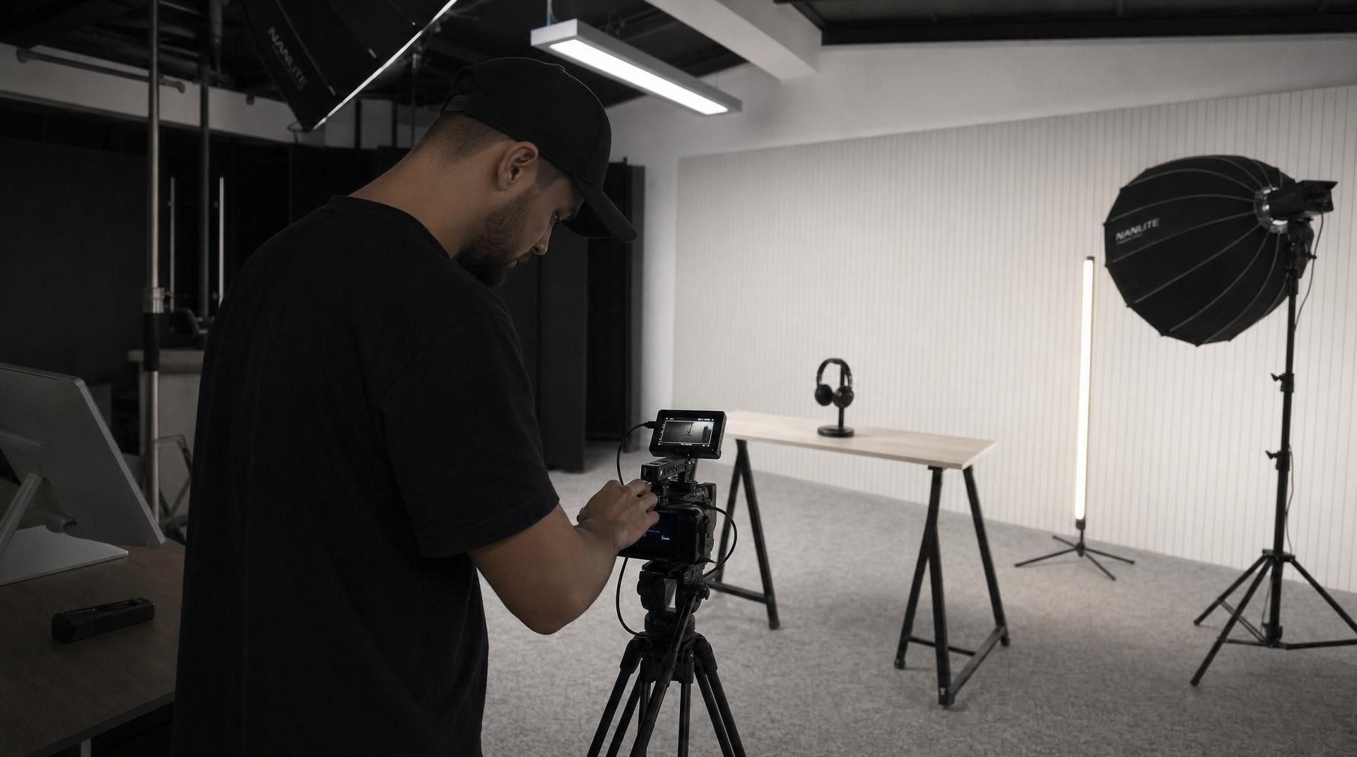 The BigConvert team on set, filming with a camera on a tripod